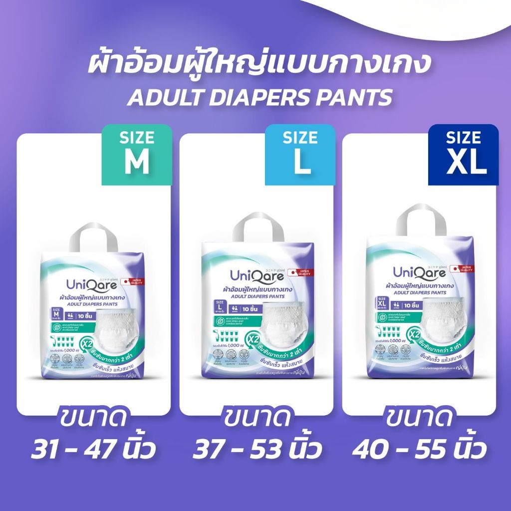 ผ้าอ้อมผู้ใหญ่ Uniqare แบบกางเกง นุ่ม สบาย ซึมซับได้ถึง 1000 cc. ไซส์ M, L, XL ใช้ได้ทั้งชายและหญิง